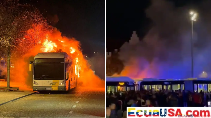 Panic in Bruges: Barcelona fans’ shuttle bus catches fire after flare is lit; one arrested, no serious injuries reported